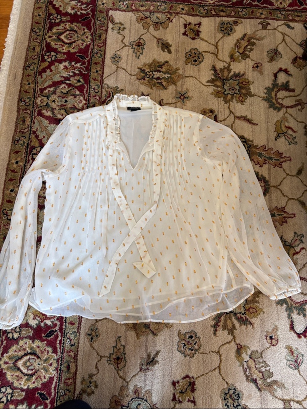 Ann Taylor White Sheer Blouse with Gold Dot Accents